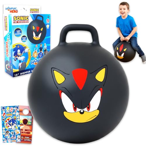 Shadow the Hedgehog Hopper Ball Bundle - Bouncy Ball with Handle for Kids | 15" Sonic Hippity Hop Jumping Ball Plus Stickers, More | Sonic the Hedgehog Backyard Activities, Outdoor Toys, Parties