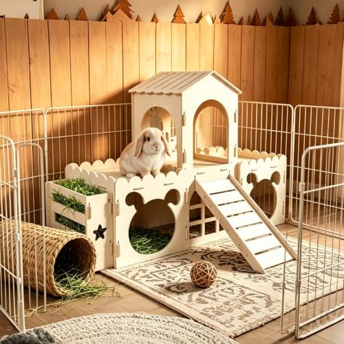 5 in 1 Extra Large Bunny House，Rabbit Hideout and Wooden Castle Hutch Cage | Detachable With Ramp 4 Houses and a Hay Feeder，Sturdy Guinea Pig and Chinchilla Cages,Small Animal Pet Tunnel Habitat