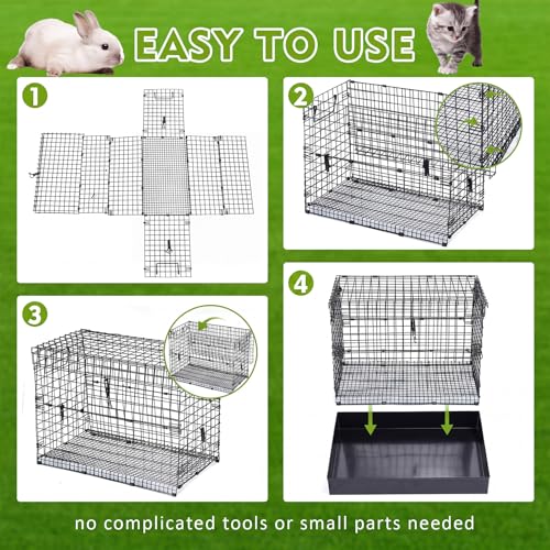 DoubleFill Folding One Hole Rabbit Transport Cage, Portable 18 x 10 x 14 in Black Rabbit Carrier with Tray and Handles for Travel Temporary Housing Indoor Outdoor Small Animal Enclosure - color: Black, size: 18.9"L x 14.2"W x 4.7"H