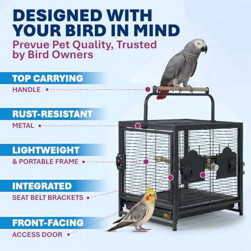 Prevue Pet Products Playtop Travel Carrier - Outdoor Travel Bird Cage for Small Parrots & Birds, Front Facing Door, Rope Perch, Lightweight & Portable, Easy Transport - Black