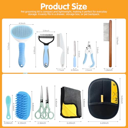 Aglads 12 in 1 Pet Grooming Kit, Dog Grooming Supplies with Self Cleaning Slicker Brush, Dematting Comb, Safety Nail Clippers, for Small Medium Large Dogs Cats Rabbits Long Short Curly Hair(12, blue) - color: BLue