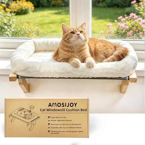 AMOSIJOY Cat Sill Window Perch Sturdy Hammock Window Seat with Cushion Bed Cover, Wood & Metal Frame for Large Cats, Easy to Adjust Cat Bed for Windowsill, Bedside, Drawer and Cabinet(Cushion Bed) - color: White, size: 21.7''L x 15''W