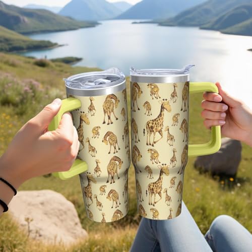 30oz Giraffe Stainless Steel Tumbler with Handle and Straw,Insulated Cup Travel Coffee Mug Water Bottle with Lid and Straw, Animal Lovers Women Gifts - color: Giraffe