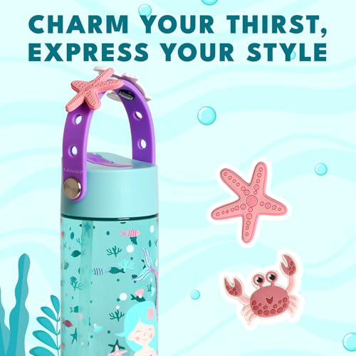Elemental Water Bottles for Kids - Splash Kids Water Bottle for School with Fun Charm Handle - BPA Free Tritan Plastic Bottle with Straw Leak Proof When Spout is Closed - 18oz - Mermaid - color: Mermaid