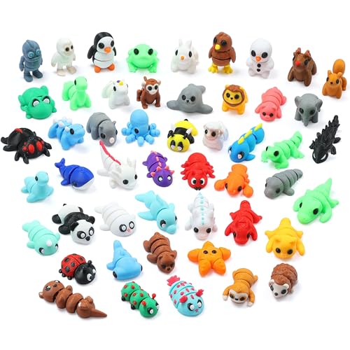 MONJITA 50 pcs Mini 3D Printed Animal Figurines, Flexible Articulated Fidget Toys, Cute Desk Decor, Party Favors, Goodie Bag Stuffers, Gifts for Kids Carnival Prizes Graduation Rewards - size: 50pcs animals