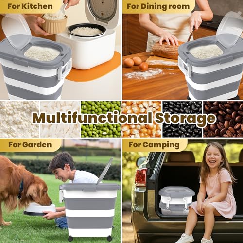 HOYTAMDA 25-35Lbs Collapsible Rice Container,Food Storage Containers Wheels | Rice Storage Container with Airtight Clear Lid,Handle,Small Bin &Scoop,Rice Dispenser for Flour Sugar Cereal Dog Cat Food - color: Grey/25-35lbs