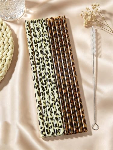 10 Pcs Reusable Brown Leopard Straws Long Straws with Cleaning Brushes | Plastic Cheetah Animal Straws Brown Leopard Print Drinking Straws for Tumblers Cups Safari Wild Favors Birthday Party Supply - color: Brown and Yellow
