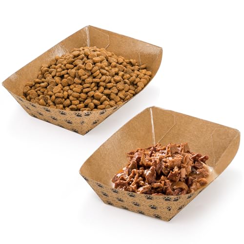 SOUJOY 100 Pack Disposable Pets Feeding Bowls, 2 lb Paper Travel Cat Food Bowl, Boat Foot Print Design Food Serving Trays for Wet and Dry Food, Small Dog Puppy, Cat