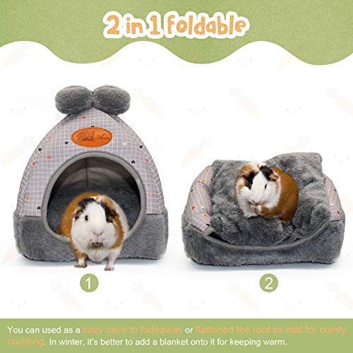 YUEPET Bunny Bed, Rabbit Hideout, Guinea Pig Cave, Grey Grid with Bow | Bunny Hideout, Removable Cushion, Foldable Sofa Use, Enclosed Cave, Foldable for Storage, Indoor Cage Use