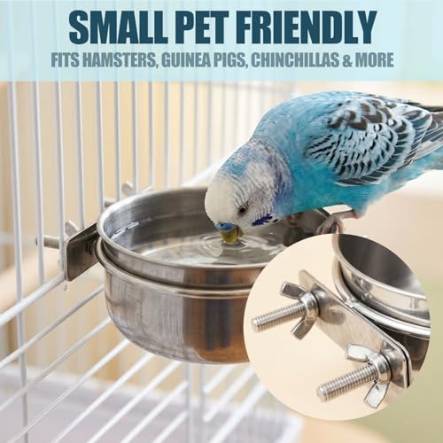 3 Pcs Stainless Steel Bird Feeding Cups with Clamp Holder - Birdcage Food Water Dish Bowls for Cockatiel Parakeet Macaw Finches Lovebirds Small Animals