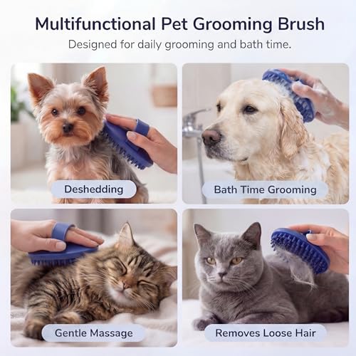 Pets&Goods Rubber Grooming Brush for Dogs & Cats - Gentle Deshedding Bath Brush for Short & Medium Hair - Soft Bristles, Anti-Slip Grip, Easy to Clean - color: Blue
