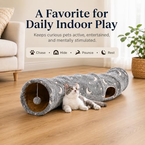 Cat Tunnel Tube with Plush Ball Toys Collapsible Self-Luminous Photoluminescence, for Small Pets Bunny Rabbits, Kittens, Ferrets,Puppy and Dogs Grey Moon Star (S-Shape) - size: S-Shape