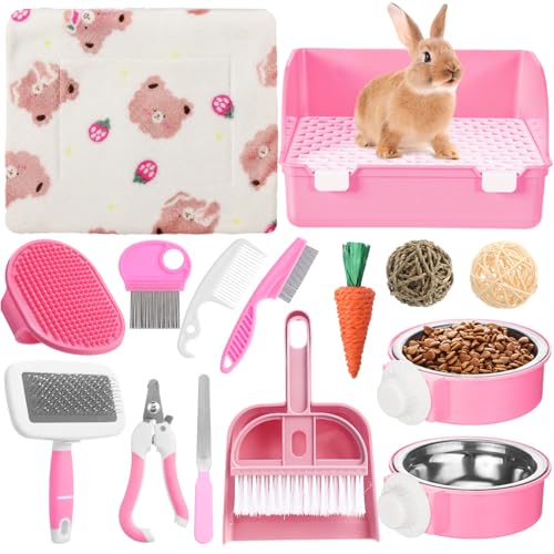 Reallnaive 15 Pcs Rabbit Starter Kit Small Rabbit Litter Box Girls Gift Animal Grooming Kit Bunny Toys Bowl Blankets with Cleaning Set for Guinea Pig Accessories(Light Pink) - color: Light Pink