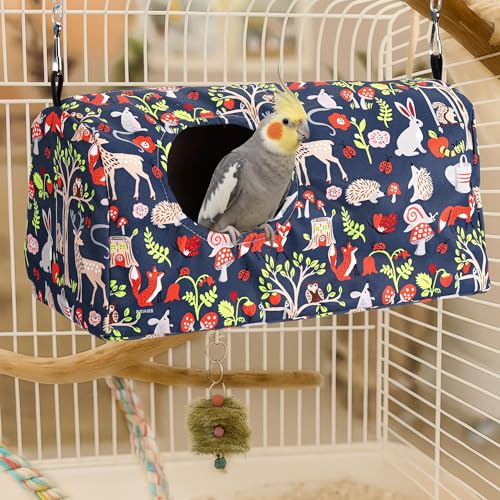 Bird Nest House Cage Hanging Hammock Shed Hut Hideaway Large Size | Snuggle Bird Cage Hanging Nest Tent Forest Animals Pattern Hideaway Bird Hut for Parakeet Cockatiel Conure Finches Love Birds - style: L