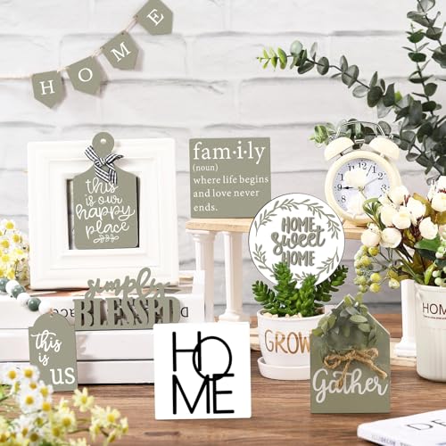 FairySandy 11 Pcs Home Tiered Tray Decor Spring Rustic Farmhouse Tiered Tray Decorations Set Sage Green Wooden Home Sign Vintage Farm Animal Farmhouse Tabletop Wood Sign for Kitchen Table Shelf Decor - style: Classic