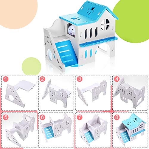 Skylety 5 Pcs Hamster Toys Include Wooden Accessories Hamster House Guinea Pig Hideout Rainbow Bridge Seesaw Swing Exercise Circle Cage Toy for Small Animals(6.3 x 3.93 x 5.5 Inch,Blue) - color: Blue