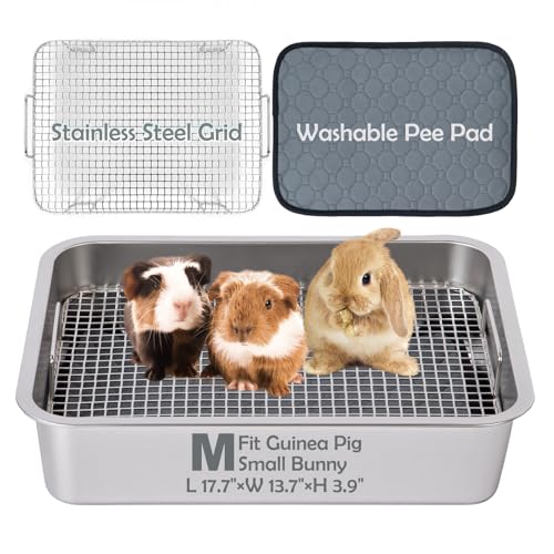 MEEXPAWS Guinea Pig Stainless Steel Litter Box with Raised Grid and Washable Pad,Small Bunny Rabbit Litter Pan High Side, Ferret Rat Litter Box, Small Animal Toilet Potty Tray Easy Clean,Less Stink - size: M 17.7"x13.7"x3.9" for Guinea Pig and Small Bunny