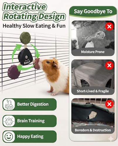 Bunny Hay Spinner Chew Toy with Treats | 4Flavor Hay Cakes,Pet Dental Health Toys Cage Hanging Toy for Rabbits, Guinea Pigs,Chinchillas (Black)