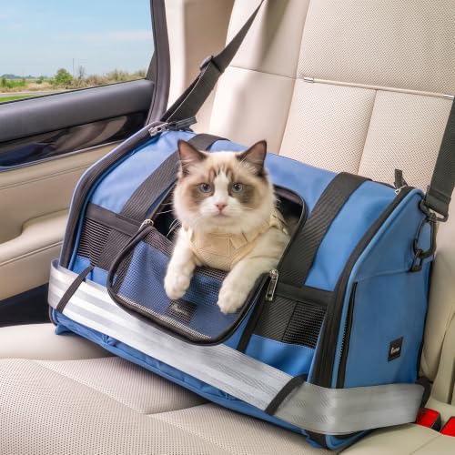 Cat Carrier Soft with Safety Buckles, Lockable Zippers, Safe for Car Travel | Escape-Proof, Safety Tether, Collapsible Pet Carrier for Car Rides & Vet Visits, Airline Approved Underseat, Up to 12lbs - color: Blue