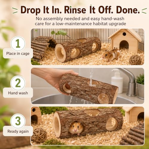 Toddmomy Wooden Hamster Hideout Tunnel for Small Animals 5.90X2.36X2.36In Rat and Guinea Pig Shelter Tube Habitat Safe Play and Rest Space