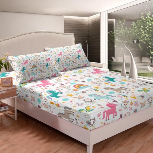 Kids Unicorn Bed Sheets Queen Cartoon Dinosaur Sheet Set Kawaii Wildlife Animal Fitted Sheet Boys Girls Colorful Cute Starry Sky Bedding Set Room Decor Gift Cute Flat Sheet 4Pcs With 2 Pillowcases - color: Multi 09, size: Queen