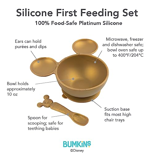 Bumkins Disney Baby Bowl, Silicone Feeding Set with Suction for Baby and Toddler, Includes Spoon, First Feeding Set, Essentials for Baby Led Weaning for Babies Eating 4 Months Up, Minnie Mouse Gold - color: D4 Mickey Mouse-Gld, style: Disney