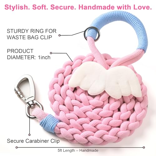 4FT Heavy Duty Braided Rope Dog Leash, Soft Cotton Design with Locking Clip for Medium & Large Dogs – Ideal for Walking & Training (Pink Blue – Angel Wings) - color: Pink Blue – Angel Wings