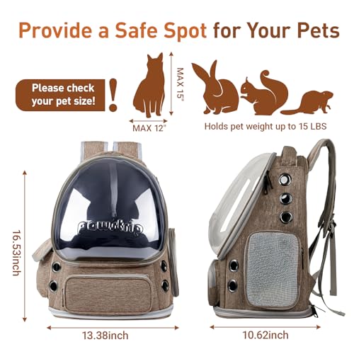 Cat Backpack Carrier Clear Bubble Window for Cats & Small Dogs up to 15 lb | Large Space Breathable Foldable Pet Carrier Airline Approved, Mesh Entry Safety Tether Washable Pad, Travel Hiking Outdoor - color: Brown
