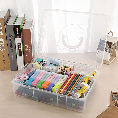 BTSKY 2-Tier Cute Bear Storage Box with Removable Divided Tray Portable Clear Plastic Art Craft Supply Organizer Stackable Home Office Supplies Storage Container for Pens Notes A4 papers etc (Clear) - color: Clear