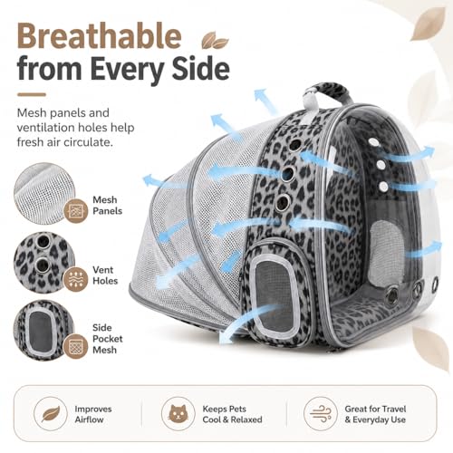 Expandable Cat Carrier Backpack with Bubble Window, Black and White | Breathable mesh, anti-collapse frame, side door, safety leash and escape-resistant zippers for vet visits and outdoor travel. - color: Black and White Animal