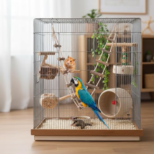 HEEPDD 39.4in Pet Hamster Climbing Ladder Suspension Rope Bridge Toys | Parrot Nature Wood Long Climbing Ladders for Squirrel Hamster Sugar Gliders