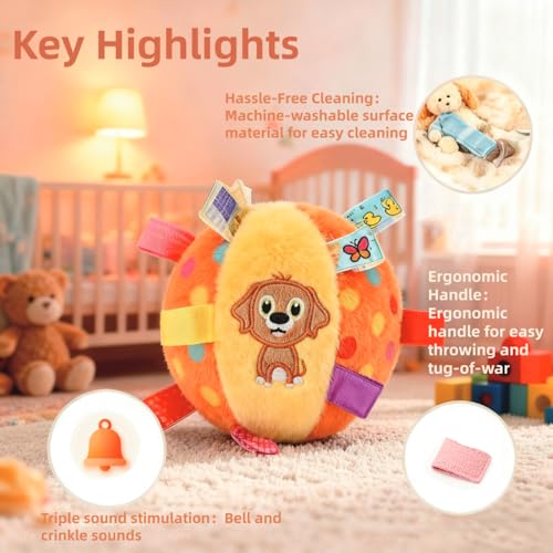 Dog Tag Toy, 6-Inch Squeaky Plush Toy for Puppies & Small Medium Dogs | Soft Stuffed Cotton Ball, Built-In Bell, Interactive Retrieval Toy, Puppy Play Gym & Busy Toys
