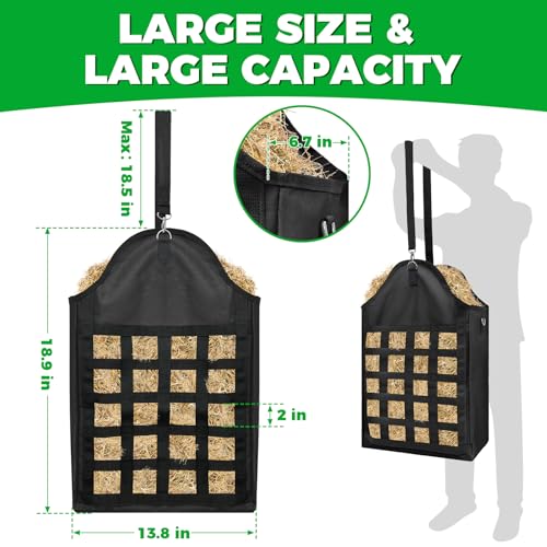 Loyala Hay Bag Goat Hay Feeder Slow Feed Hay Bags 600D Oxford Cloth Hay Bags for Horses Goats Sheep Donkeys Cows (Black Grid