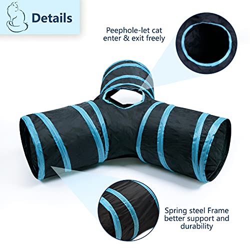 3 Way Cat Tunnel Collapsible Fun Pet Play Tube Toys for Cats, Kittens, Puppies & Rabbits - Portable Tunnel with Hanging Ball for Indoor Play, Hideout & Exercise - color: Blue Black