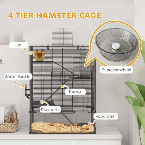 PawHut Large Hamster Cage 9" Deep Tempered Glass Bottom 24"x16"x31.5" Black | 4 Tiers Hamster Tank, Running Wheel, Hut, Water Bottle, Dish, Rat Cage for Syrian, Dwarf, Gerbils, Mouse - size: 23.6"L x 15.7"W x 31.5"H