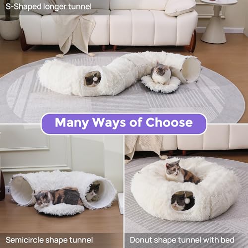 Cat Tunnel with Bed – Soft Plush Peekaboo Donut Cave for Indoor Cats | Under Christmas Tree Hideaway & Multifunctional Playground Toy for Kittens, Rabbits, Ferrets (Long-Pile Fabric White) - color: Long-pile fabric White