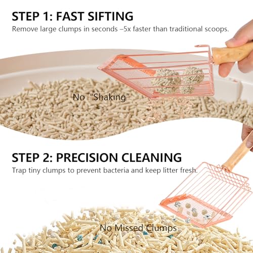 Litter Scooper, Metal Litter Scoop, Pooper Scooper with Wooden Handle, Cat Litter Scoop, Metal Scooper & Speed Sifter Deep Shovel Scoop Filter,Kitten Pooper Lifter for Litter Box