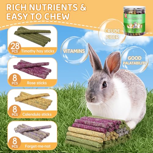 52Pcs Rabbit Chew Sticks, Guinea Pig Toys, Natural Timothy Teeth Stick | Rabbit Bunny Chew Sticks Toys for Teeth Mixing Flowers, Roses, Calendula and Forget Me Not, Small Animals Treats - size: 52Pack-Sticks