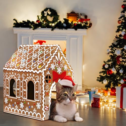Cinrobiye Christmas Cardboard Cat House with Scratcher Pet Gingerbread Board Bed Cave Playhouse Hideaway Hideout Condo Decor Small Animals Scratch Box for Indoor Cats Kittens Rabbits Bunny (Brown, 1) - color: Brown