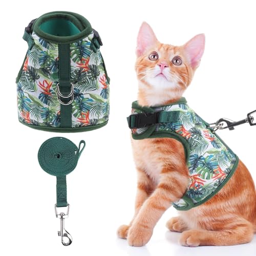 BINGPET Cat Harness and Leash Set, Escape Proof and Adjustable, Large | Step-in Vest, Lightweight Soft Breathable Mesh, Hook & Loop, Easy Control for Medium & Large Cats Walking Travel - color: Green leaves, size: Large