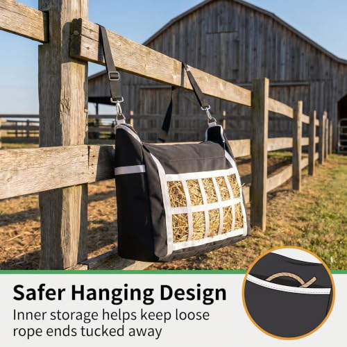 Slow Feed Hay Bag for Horses Sheep Goat Cattle Donkey, 300D Waterproof PVC Oxford Slow Feeder with Adjustable Straps, Small Hole Hay Sack Cut Waste for Barn Stall Fence Horse Trailer, Black 1 Pack