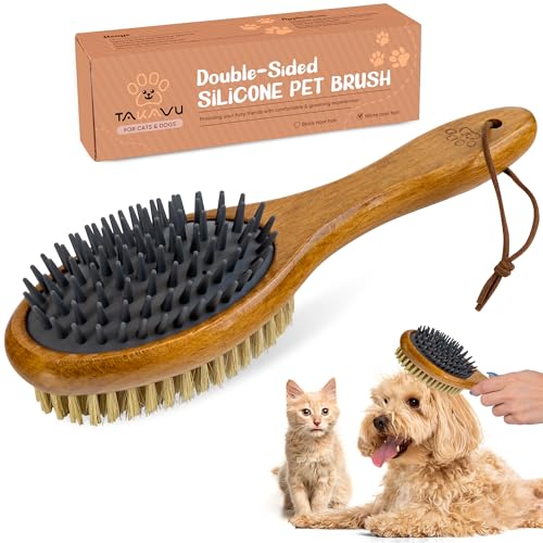 TAKAVU Short Hair Dog & Cat Deshedding Brush, Double-Sided Silicone Bristle | Grooming Brush for Pets, Gentle on Sensitive Skin, Wooden Handle, Reduces Shedding - color: White Boar Bristle & Silicone Brush