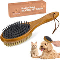TAKAVU Short Hair Dog & Cat Deshedding Brush, Double-Sided Silicone Bristle | Grooming Brush for Pets, Gentle on Sensitive Skin, Wooden Handle, Reduces Shedding - color: White Boar Bristle & Silicone Brush