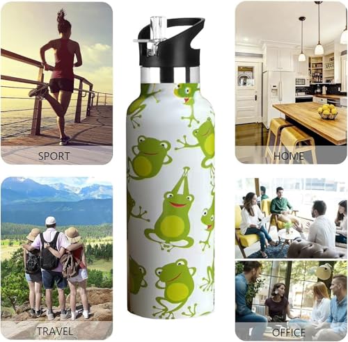Kids Water Bottle with Straw,Green Frog Bottle Vacuum Insulated Stainless Steel Travel Mugs Tumbler For Sport School Outdoor 20 oz - color: Green Frog