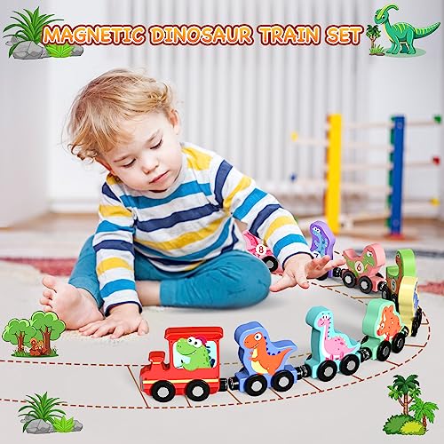 Zeoddler Toys for Toddlers, 11 Magnetic Wooden Dinosaur Train Set, Montessori Toys for Toddlers, Preschool Educational Material for Kids, Birthday Gifts for Boys, Girls - style: Dinosaur