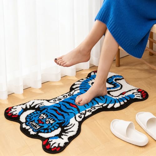 Tibetan Tiger Rug, Blue Tiger Bath Mat Fun Animal Bathroom Rug | 24 x 40 In, Soft Plush Pile, Non-Slip Backing, Washable, Irregular Shape, Bedroom and Living Room Floor Accent - color: Blue