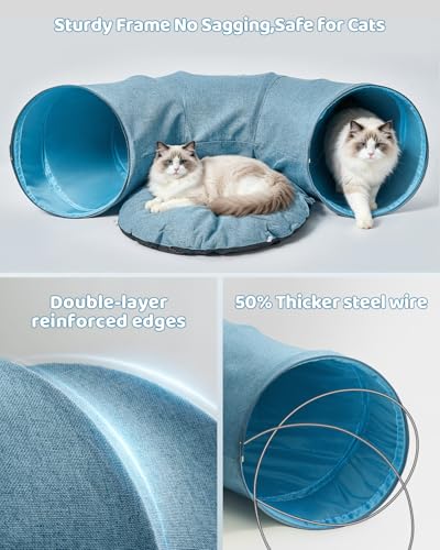 Odoland Linen Cat Tunnels with Central Cat Bed, Interactive Cat Toys Detachable Washable Soft Mat Large Indoor Play Tunnel Cave for Kittens and Small Animals - color: Linen Light Blue