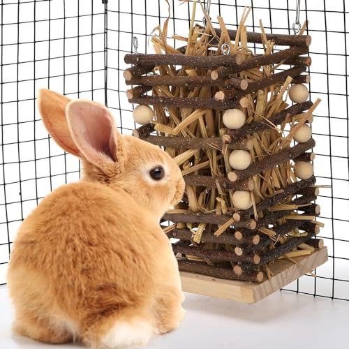 Eorbow Wood Rabbit Hay Feeder, 7" Hanging Grass Holder with 2 Hooks, Small Animals Feeding Hay Manager for Cage, Bunny Hay Feeder Rack for Chinchilla Guinea Pig Hamster Gerbil