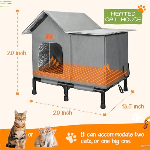 PatiencET Heated Cat House for Outside, Foldable Weatherproof Insulated Outdoor Cat House, Adjustable Temperature, Elevated Base with Ground Stakes, for Indoor/Outdoor Cats - size: Winter Large