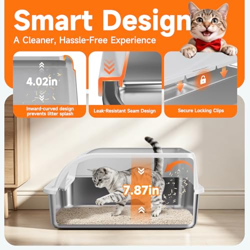 Stainless Steel High-Sided Cat Litter Box with Scoop - Medium | Open top litter pan for indoor cats. Easy to clean design significantly reduces litter scatter.